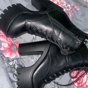 Chic Black Lace-Up Heeled Boots